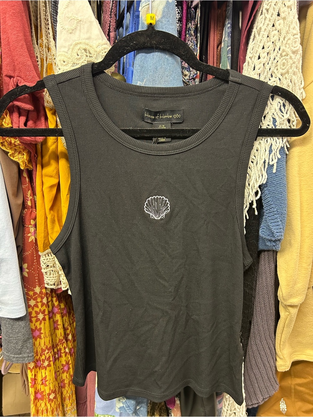 NWT House of Harlow Black Ribbed Modal Tank Top Shell Embroidered Size Medium